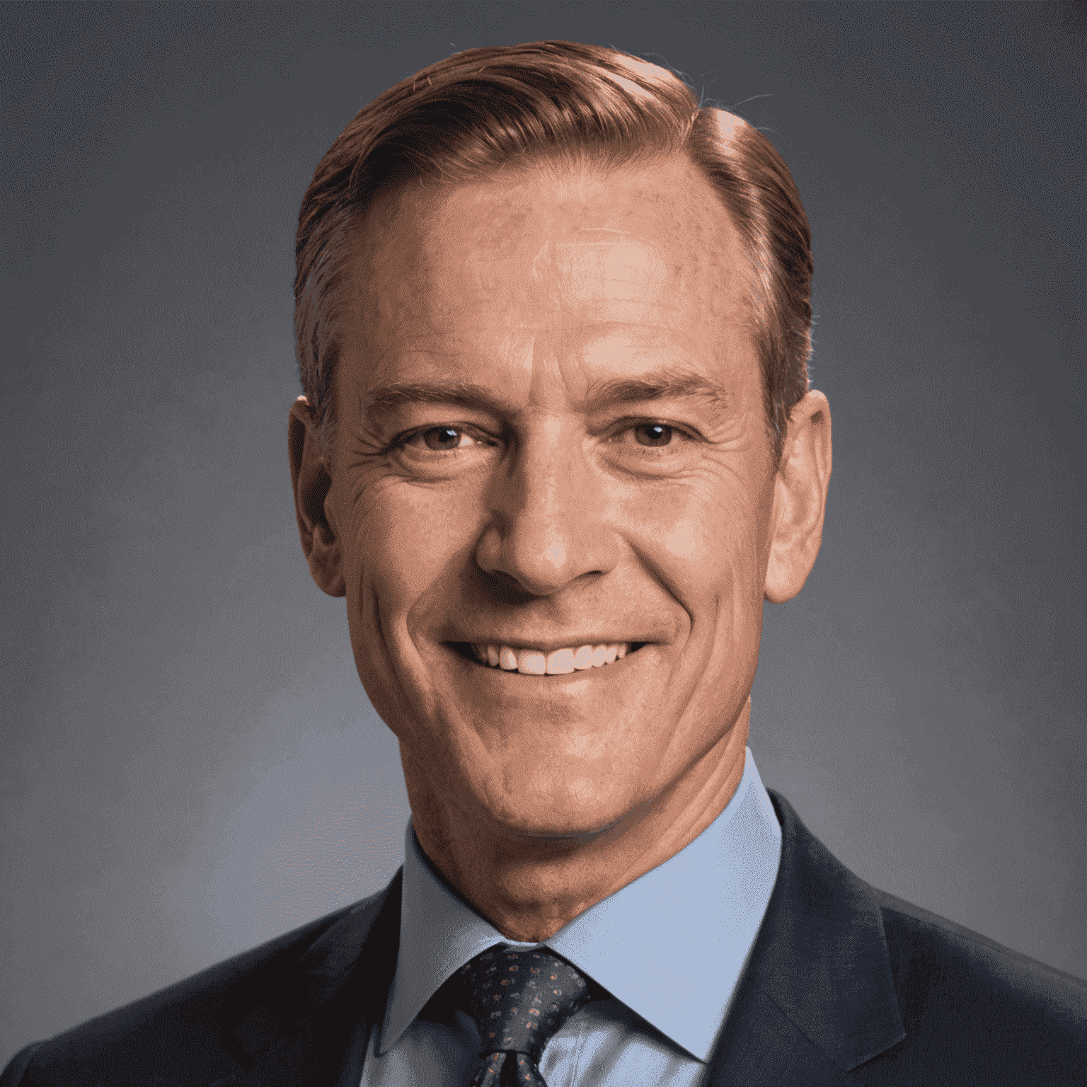 Headshot of John Smith, a middle-aged man in a suit and tie, smiling confidently