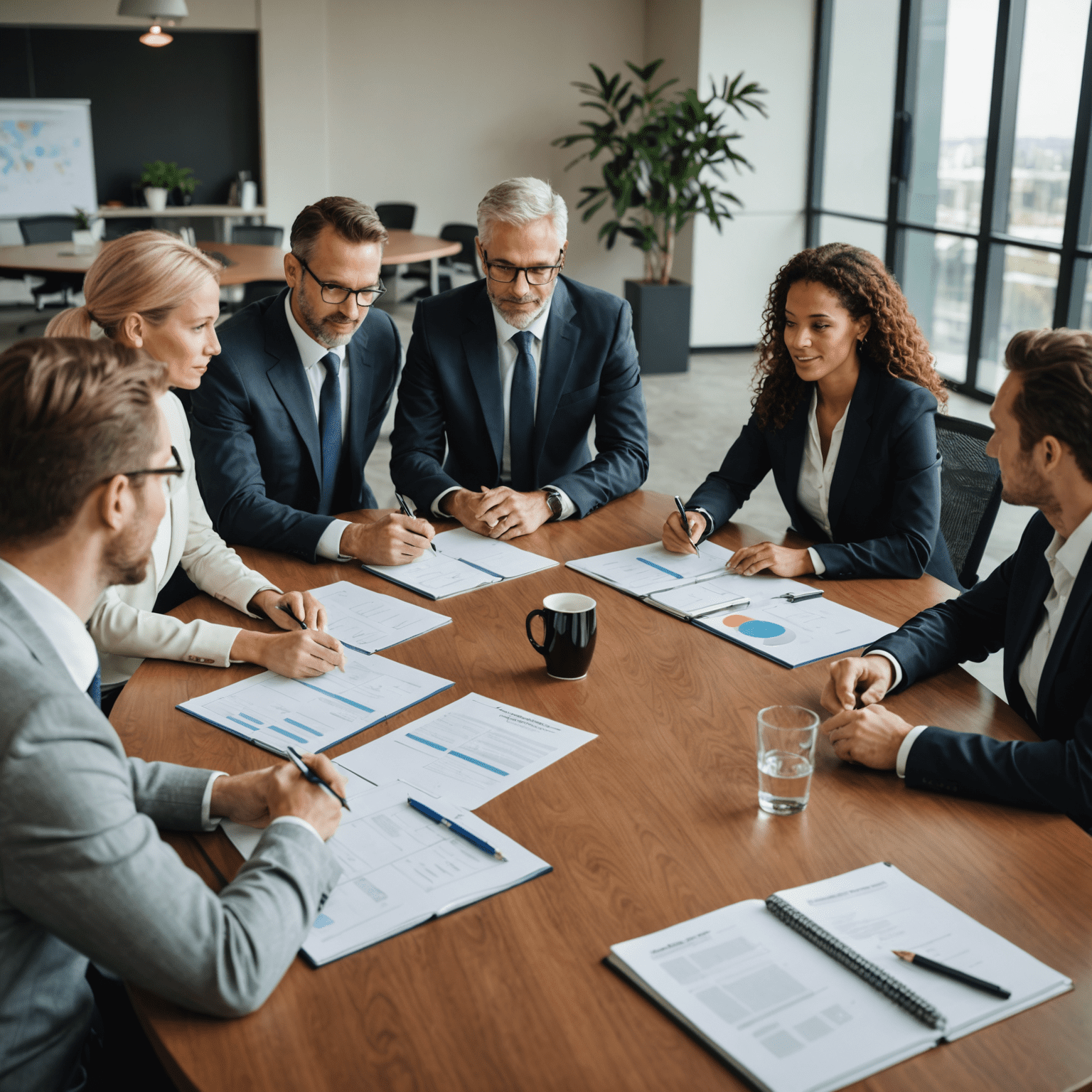 A group of business professionals discussing a strategic plan around a conference table