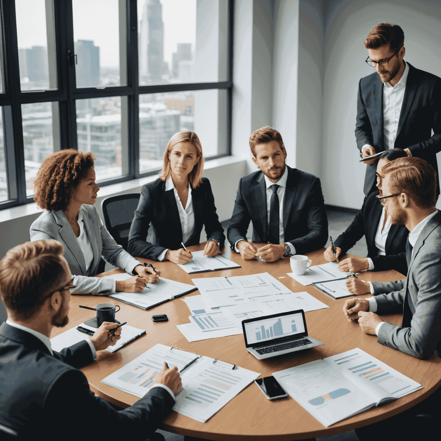 A group of business professionals discussing a strategic plan around a conference table