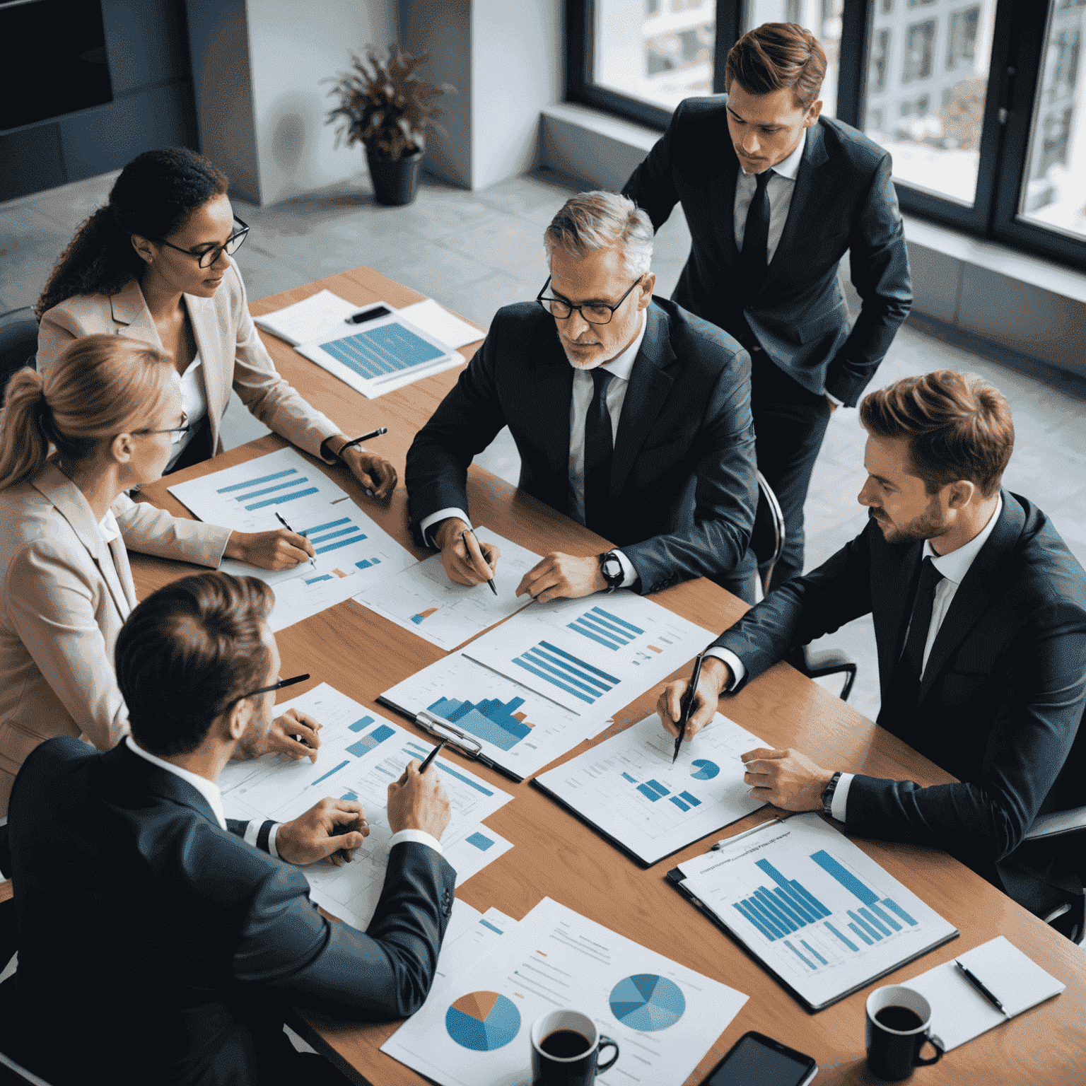 Business team discussing strategic planning around a conference table with financial reports and charts