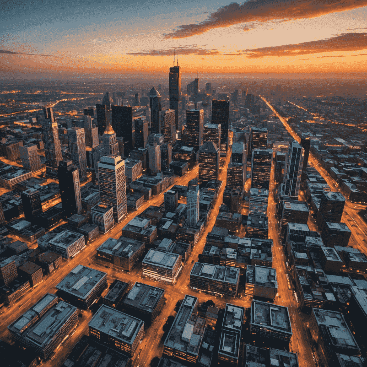 Aerial view of Johannesburg city skyline at sunset, showcasing the bustling business district