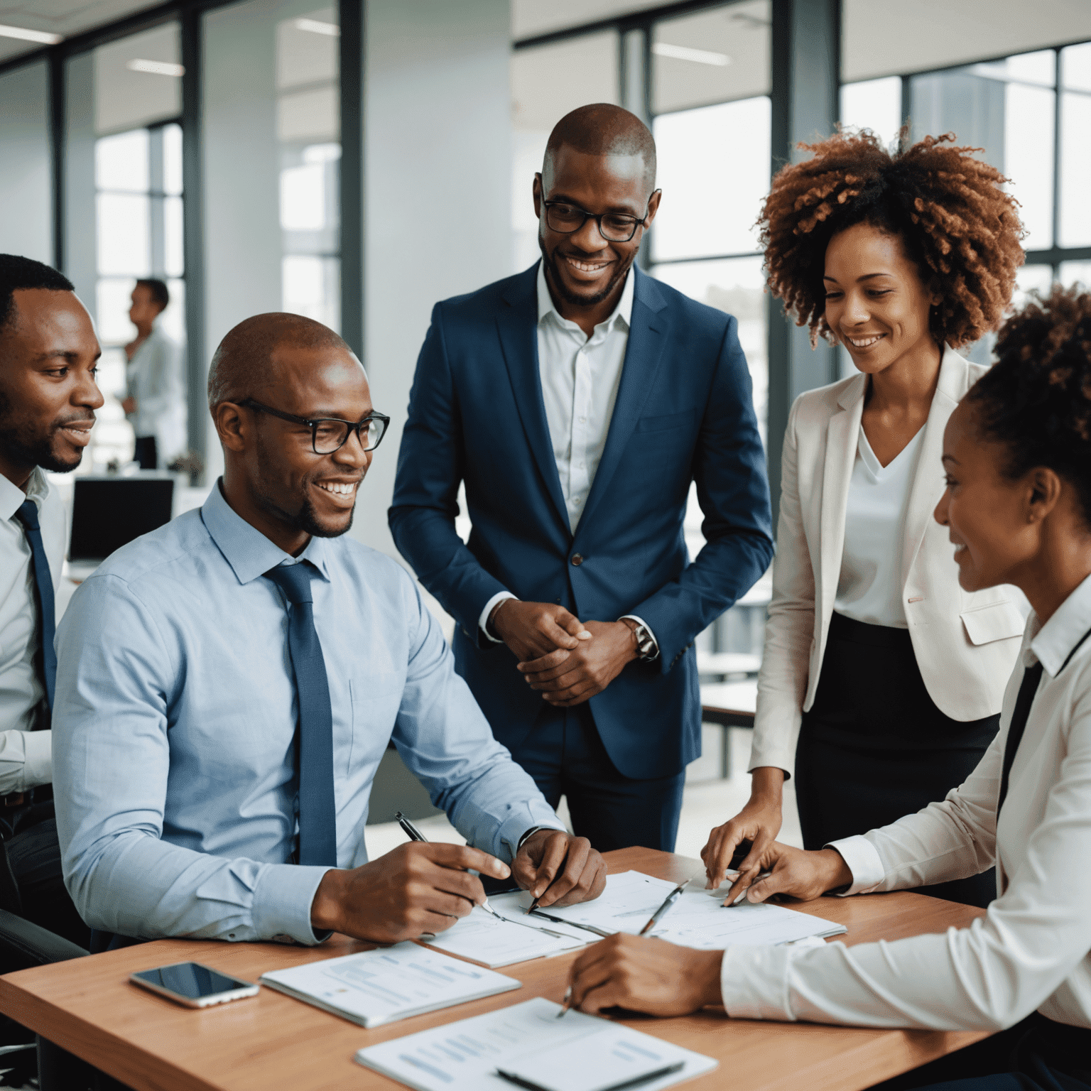 A diverse group of South African business professionals collaborating in an office setting, representing the benefits of outsourcing for SMEs