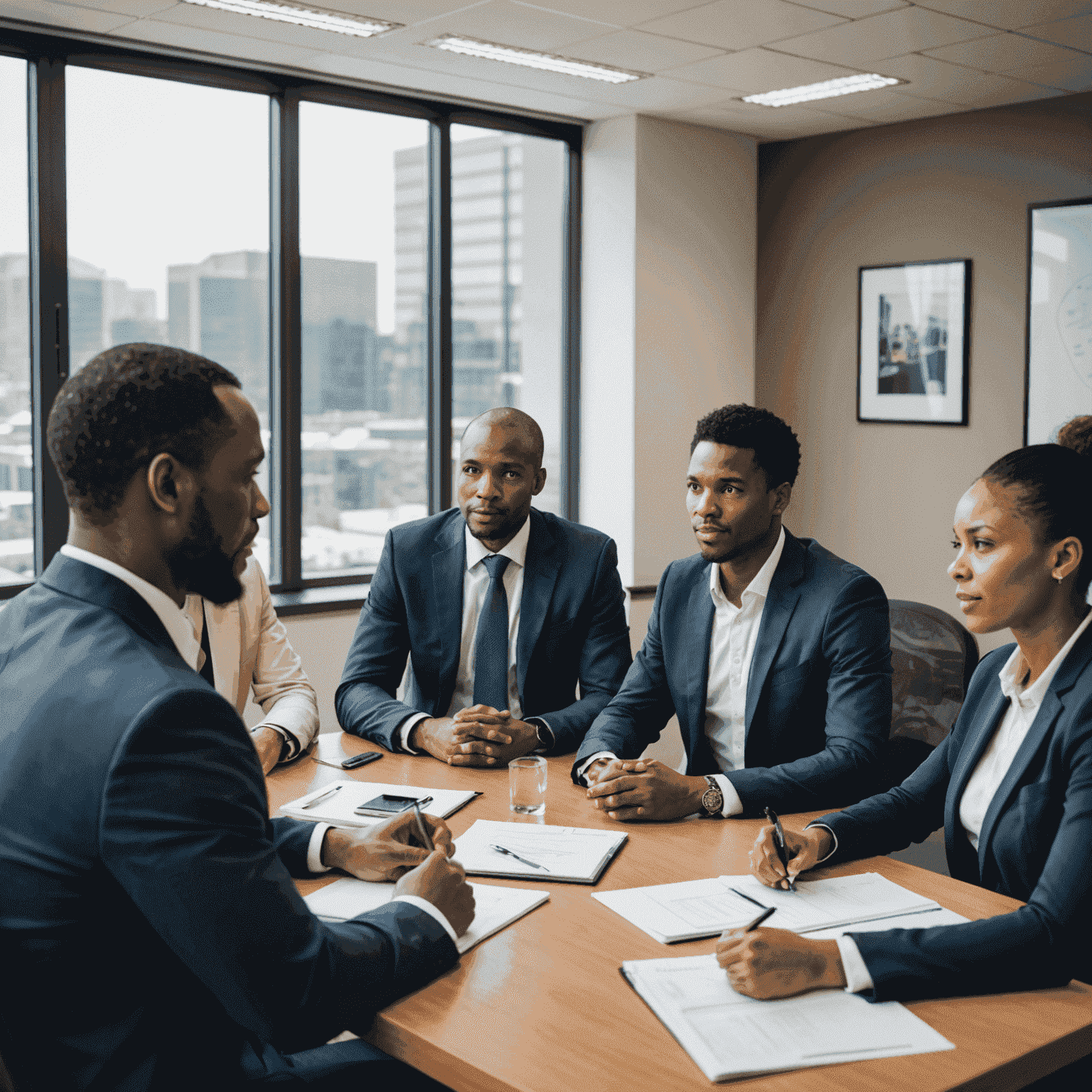 A group of diverse South African executives in a meeting room, discussing effective leadership strategies and techniques