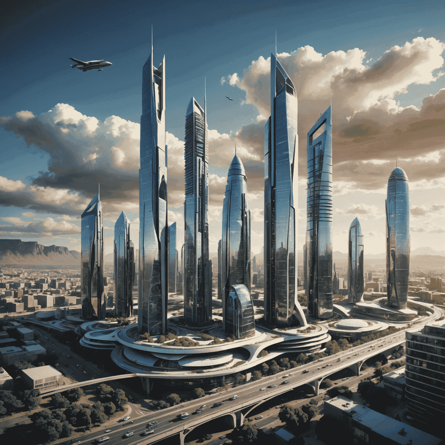 A futuristic cityscape, symbolizing the emerging trends and predictions for the future of business in South Africa